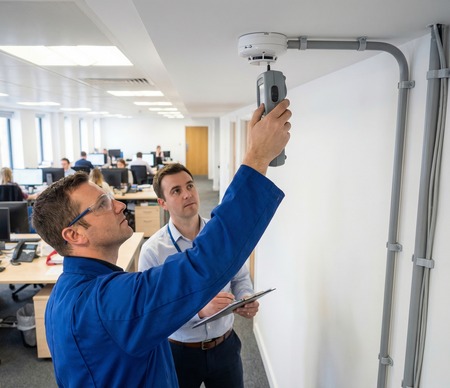 Engineer testing fire alarm detectors during installation