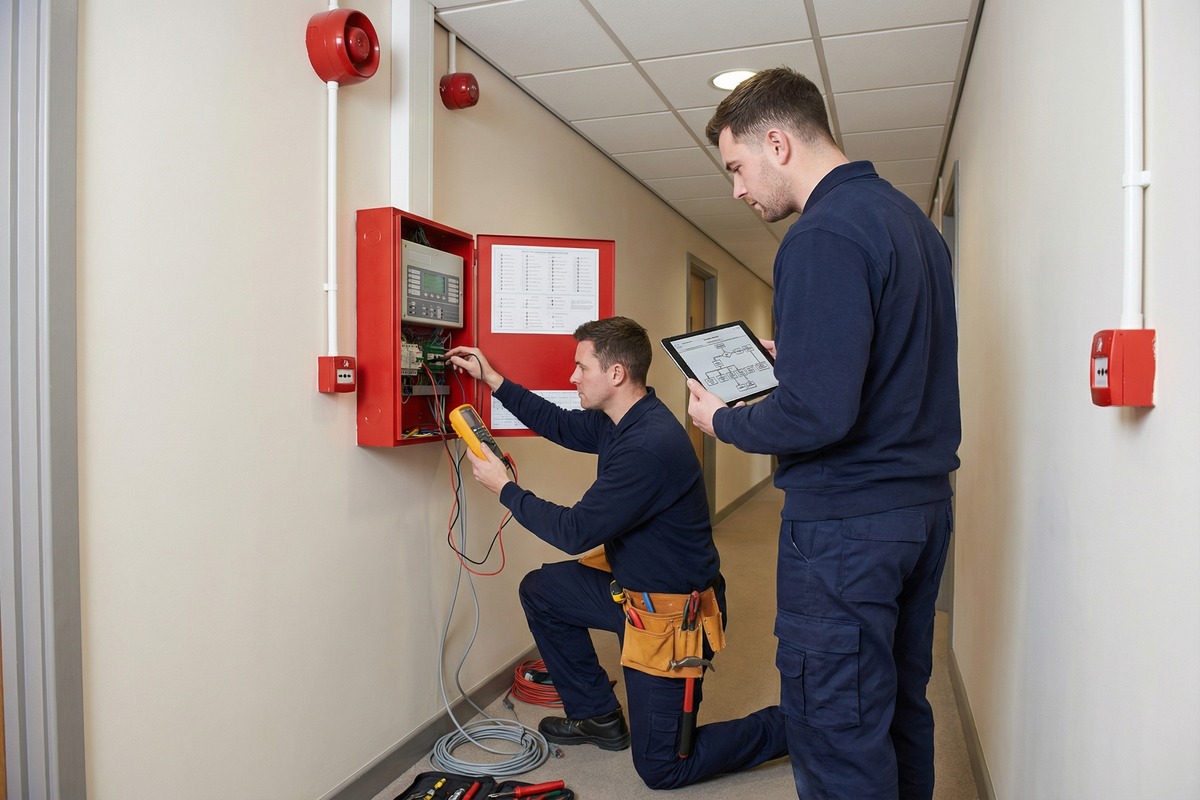 Engineers commissioning a fire detection and alarm control panel