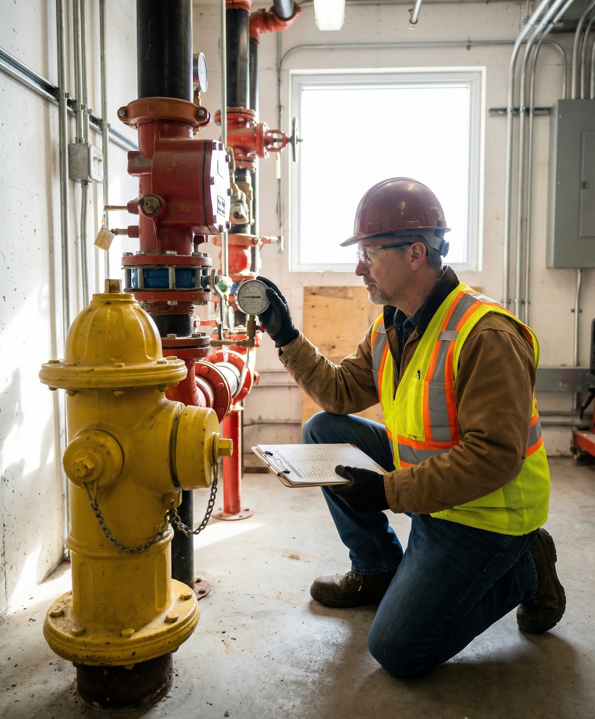 Fire protection engineer carrying out installation checks