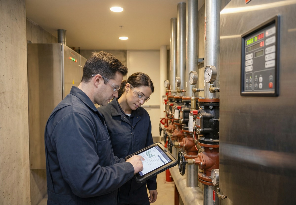 Maintenance team reviewing inspection schedule and compliance steps