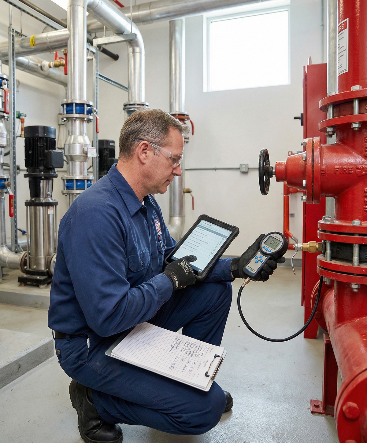 Fire protection engineer carrying out scheduled maintenance checks