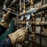 Maintenance engineer inspecting sprinkler valve set