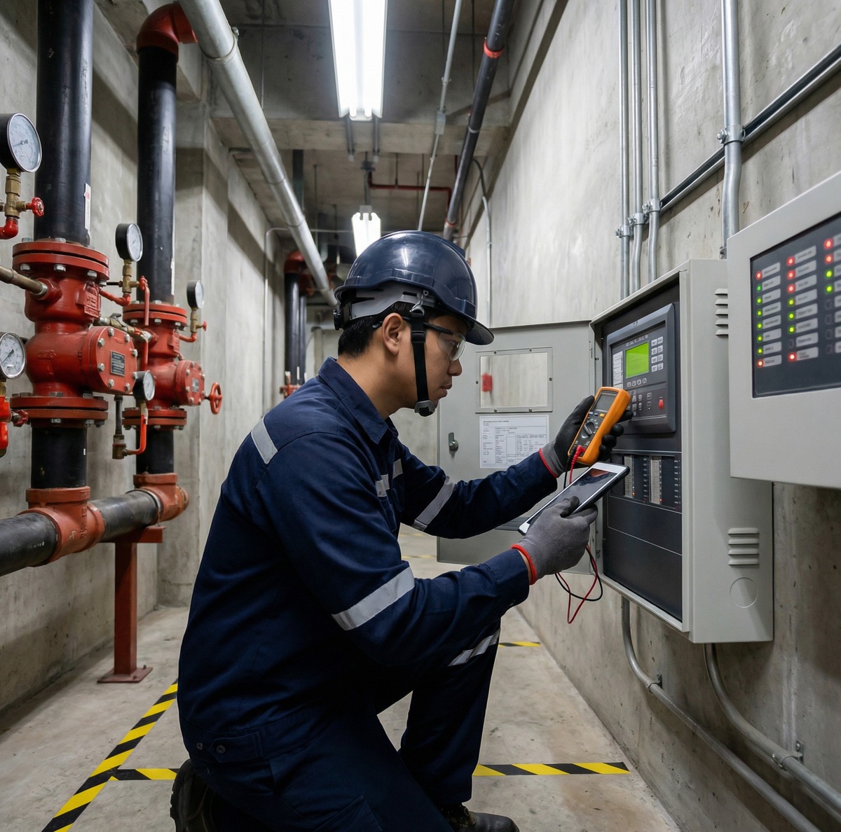 Maintenance engineer carrying out sprinkler and alarm inspection checks