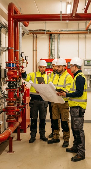 Fire protection installation team coordinating delivery